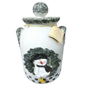Crazy Mountain Christmas Candle Holder Stoneware Snowman Crock Open Lid Bottom
